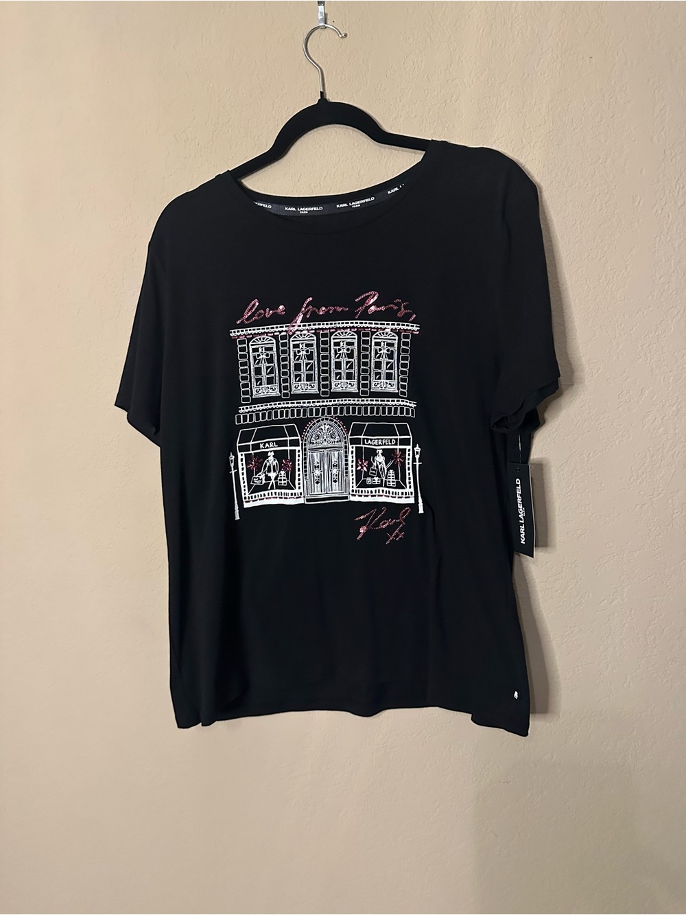 Karl Lagerfeld Black Tee with Pink & White Paris Graphic